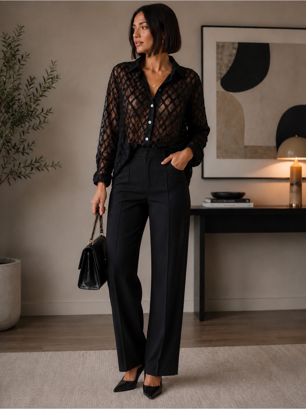 Black Sheer Diamond-Pattern Button-Down Blouse -